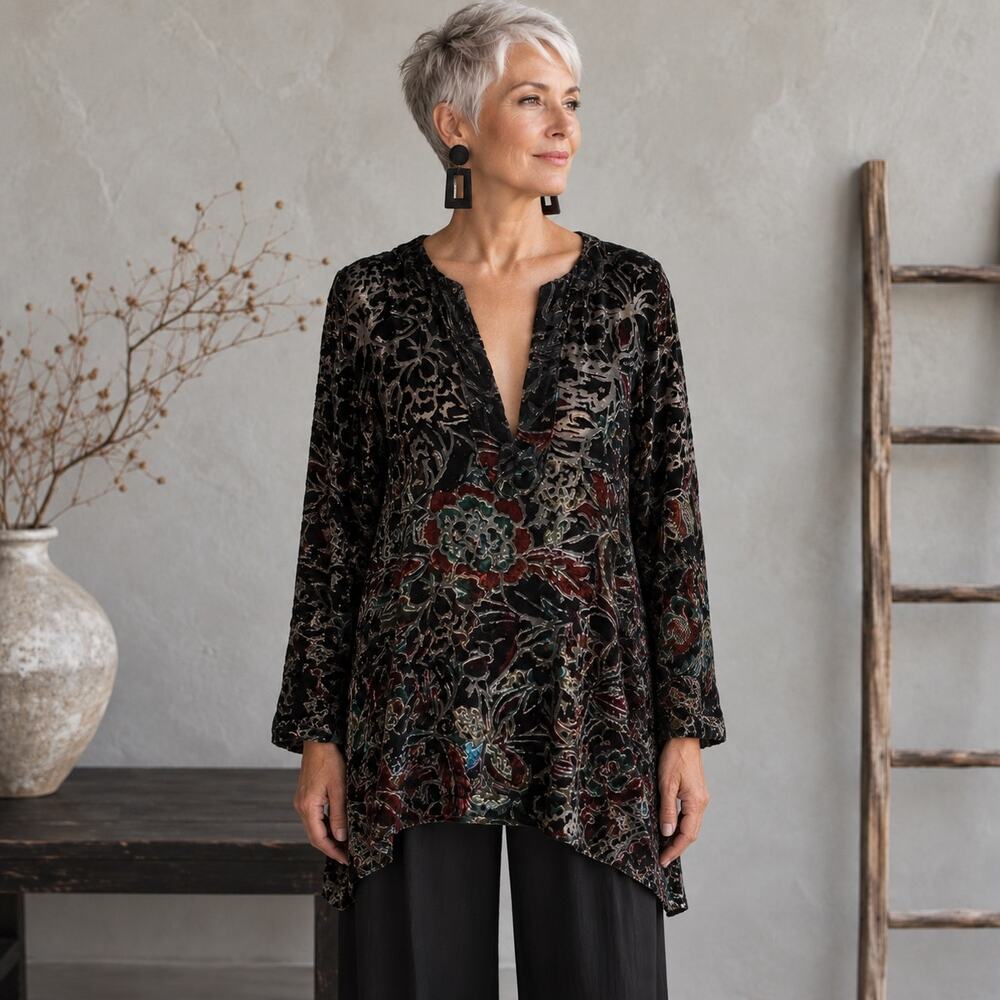 Chico's Black Floral Velour Long Sleeve Top sz 1